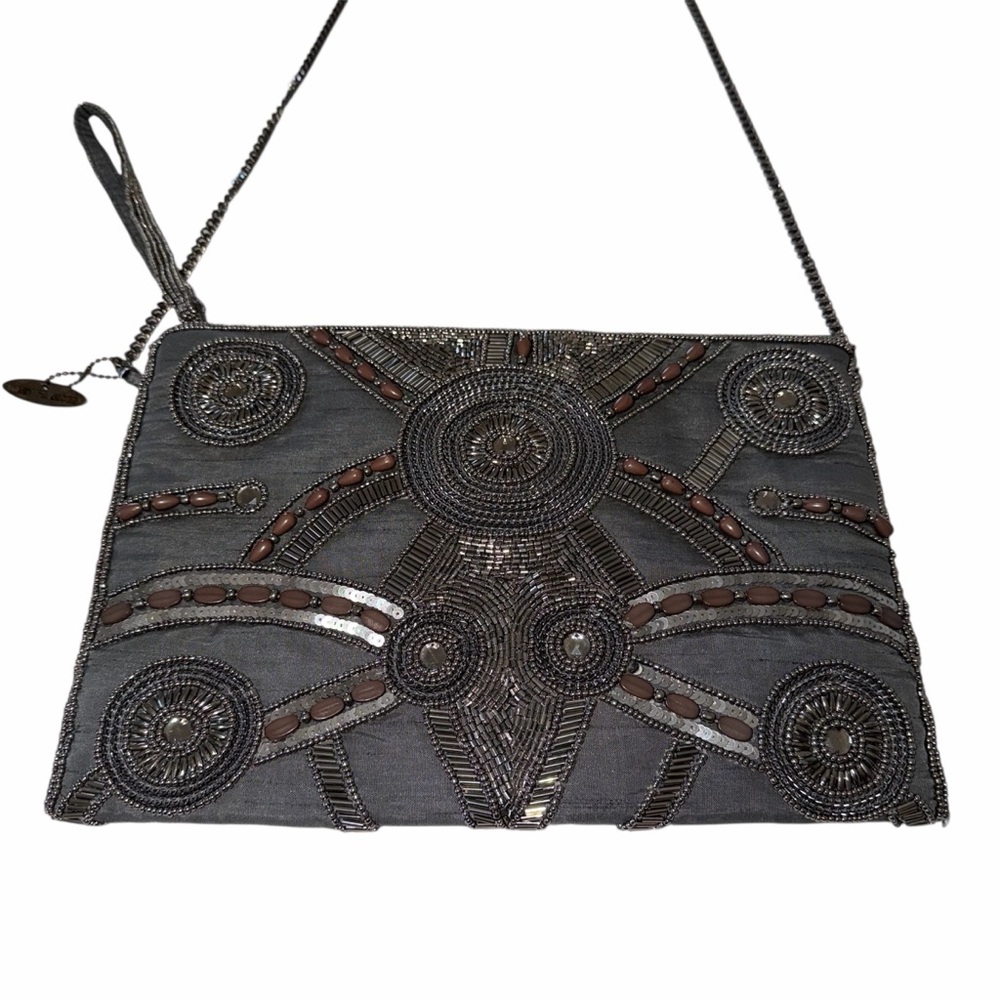 Vintage Mary Frances Gray Beaded Clutch crossbody with brown bead accents India